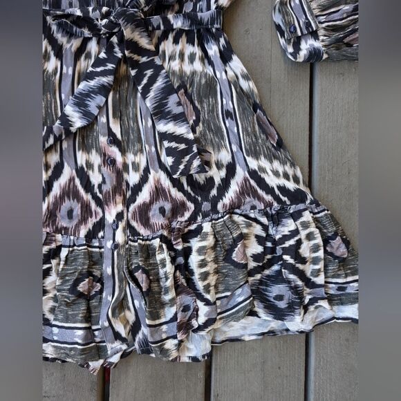 Anthro Tiny Ikat Button Front Mini Shirt Dress M Boho Ruffle‎ Hem Graphic Print - Picture 5 of 8